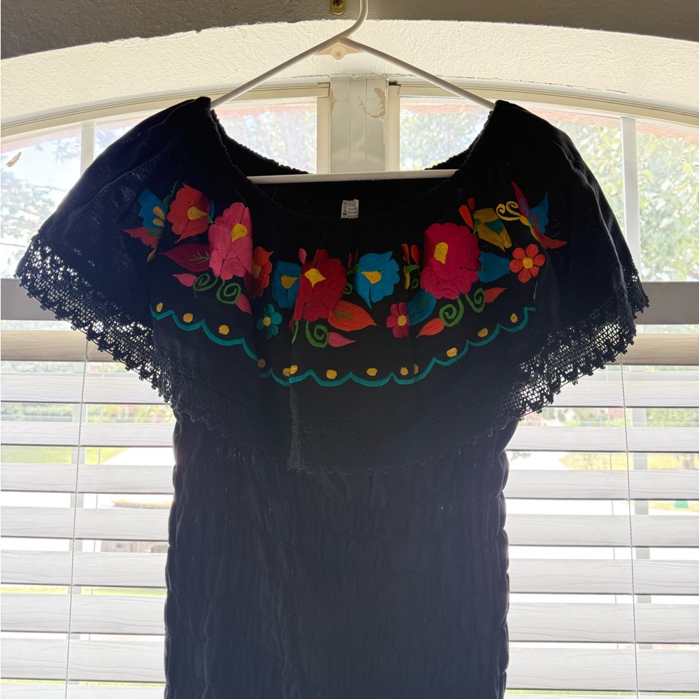Embroidered Black Dress with Floral Accents